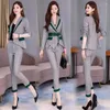 Calças femininas de duas peças outono roupas mulheres casual terno conjunto primavera elegante senhoras xadrez blazer jaquetas negócios e lápis ternos