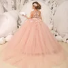 Girl Dresses Pink Flower Lace Pattern Puffy With Long Train Tulle Birthday Princess First Communion Wedding Dress