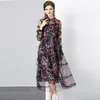 Casual Dresses Luxury Elegant Autumn Ruched Pink Flower Mesh Holiday Maxi Dress French Women O Neck Ruffles Tryckt Hög midja Långa Vestidos