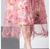 Casual Kleider Luxus Elegante Herbst Geraffte Rosa Blume Mesh Urlaub Maxi Kleid Französisch Frauen O Neck Rüschen Gedruckt Hohe Taille lange Vestidos