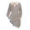 Casual Dresses Women's Simple Striped Knitted Dress 2023 Autumn Winter Polo Collar A-Line Long Sleeve All-Matched For Ladies