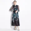 Casual jurken herfst mode lange zwierige jurk dames mesh mouw bloemenprint zwart vintage chiffon vestidos vakantie feminino