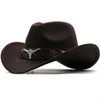 Breda Brim Hats Bucket Western Cowboy Hat Roll Cowgirl Cap Jazz Fedora Felt med Cow Band för Women Män Barn 230907