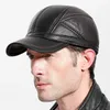 Ball Caps Men's Baseball Cap PU Leather Hat Warm Ear Protection For Mature Middle-aged And Old Man Black