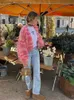 Kvinnors tröjor Nya rosa randiga höstens front tröjor Lång lykta ärm Loose Crochet Cardigans Women mode Vintage Casual Streetwear Q230907