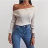 Camisetas de punto para mujer Shestyle Cuello inclinado Suéteres elásticos de punto Mujeres Sólido Textura a cuadros Slash Cuello Hombro frío Otoño Invierno Tops básicos 230906