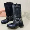 حزام تسخير حزام البقر البقر من الجلد راكب الدراجة النارية أحذية الركبة مكتنزة الكعب Zip Knight Boots أزياء مربع الجوارب الكاحل للنساء مصنع الأحذية أحذية المصنع