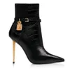 Bottines en cuir de cadenas noir de luxe d'hiver pour femmes, serrure à clé, bretelles, bout pointu, talons hauts, robe de soirée, bottines de mode EU35-43 avec boîte