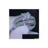 Bandringar lyxstorlek 5/6/7/8/9/10 smycken 10kt vitt guldfylld Topaz Princess Cut Simated Diamond Wedding Ring Set gåva med Box D DHKGT