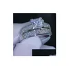 Bagues de luxe Taille 5/6/7/8/9/10 Bijoux 10kt Or blanc Rempli Topaz Princess Cut Simated Diamond Bague de mariage Set cadeau avec boîte D Dhkgt