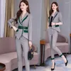 Calças femininas de duas peças outono roupas mulheres casual terno conjunto primavera elegante senhoras xadrez blazer jaquetas negócios e lápis ternos