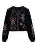 Chaquetas de mujer Boho Floral Bordado Abrigo Mujeres Otoño Manga larga Terciopelo Recortado Cardigan Femenino Vintage Moda Casual Slim Outerwear