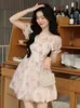 Rose imprimé Kawaii doux Dres manches bouffantes Vintage élégant Mini robe femme en mousseline de soie coréen mignon fée été 230808