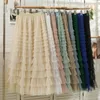 Skirts Qooth Autumn Korean Style Mesh Puffy Cake Long Skirt Elegant Vintage Elastic Waist High Waist Ball Gown Gauze Tulle Skirt QT1989 230907