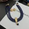 Ensemble collier et boucles d'oreilles en Lapis, Vintage, mode médiévale, atmosphère assortie à tout, trois couches de perles de luxe de haute qualité
