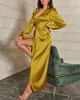 Casual Dresses Women Yellow Maxi Evening V Neck Corset Slit Cocktail Party Dress High Waist Long Puff Sleeve Elegant Chic Brithday Gown