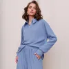 Pigiama semplice moda pigiama da donna set cotone blu morbido casual Lady manica lunga a righe tinta unita pantaloni larghi 2 pezzi autunno