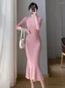 Casual Jurken Herfst Winter Midi Trompet Breien Trui Voor Vrouwen 2023 Koreaanse Mode Lange Mouw Roze Party Vestidos Gewaad