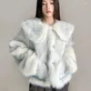 Women's Trench Coats Navy Collar Hairy Winter Faux Fur Jacket Coat Women Long Sleeve Double Pockets Female 2023 Short Outerwear Furry Warm