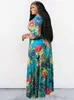 Plus size Dresses Gaun Ukuran Elegan Bunga Kerah V Wanita dengan Sash Lurus Maxi Lengan Panjang Grosir Jumlah Besar Drop 230907