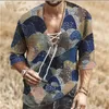 Men's Casual Shirts Men Stripe Print Lace Up V-neck T-shirt Summer Fashion Short Sleeve And Blouse For Clothing