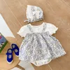 Full Moon Baby Girl Romper Summer Princess Outfits Short Puff Sleeve Floral Romper Tulle Dress with Bow Headband Set 2625