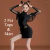 Bühnenkleidung Mädchen Off-Shoulder Latin Dance Kostüm Wettbewerbskleid Schwarz Langarm ChaCha Modern Performance Anzug Body Rock DL9095