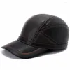 Ball Caps Men's Baseball Cap PU Leather Hat Warm Ear Protection For Mature Middle-aged And Old Man Black