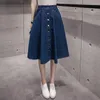 Faldas Llegada Verano Falda de mezclilla plisada Niñas Lindo Azul Jean Para mujer Botón de cintura alta Una línea Casual Sólido