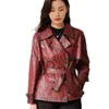 Chaqueta de cuero para mujer OC00390 # auténtica, moda de color rojo vino, cuello de traje, gabardina de piel de oveja de algodón encerado con aceite, personalización