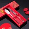 Party Favor Chinese Style Chopsticks Spoon Set rostfritt stål Tabellegart Bröllopsgåvor Favorer för gästerna LX7810