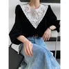 Blouses Femmes Automne Chemises Pour Femmes Français Court Style Col En Dentelle Une Pièce Tops Mujer Noir Velours Bulle Manches Blouse Décontractée Femme