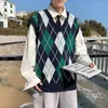 Männer Westen Herbst Retro Raute Plaid V-ausschnitt Gestrickte Weste Mode Klassische Lose Beiläufige High Street Pullover Männer Top Männer kleidung