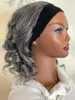 Lang zilveren grijs Haarhaar hoofdbandpruik 14-16 inches verstelbare riemen Zout en Peper Natuurlijk Gray Sprial Curl Human Hair Pruik