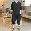 Men's Tracksuits 2023 Trend Chinese Style Cotton And Linen Short-sleeved Suits T-shirt Cropped Trousers Two-piece