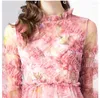 Casual Dresses Luxury Elegant Autumn Ruched Pink Flower Mesh Holiday Maxi Dress French Women O Neck Ruffles Tryckt Hög midja Långa Vestidos