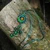 Pendant Necklaces Handmade Knitted Necklace Green Chalcedony Beads Tassel Copper Leaf Long Sweater Chain Ethnic Women 0556