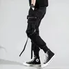 Calças masculinas bolsos laterais harem 2023 outono hip hop fitas casuais design masculino corredores calças moda streetwear calça preta