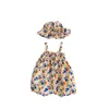 夏のロンパー服フローラルハットセットストラップロンパーズ衣装の女の女の子コットンの袖sevleスカートジャンプスーツ2627