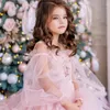 Meisjesjurken Prinses Roze Tule Bloemenjurk Voor Bruiloft Ronde Hals Lange Mouw Optocht Kind Eerste Communie Verjaardagsfeestje