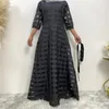 エスニック服アフリカン女性長袖オーガンザデザインドレス印刷ゆるいカフタンとベルトブラックカジュアルケバヤ