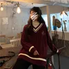 Deeptown Preppy Vintage Maglione con scollo a V rosso Donna Stile coreano Maglione oversize nero basic lavorato a maglia Maglione per ragazze della scuola femminile Top invernale