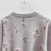 Женские свитера с цветочной вышивкой и бисером, круглый вырез, свободный пуловер, серый топ, осень 2023, женский вязаный бренд с длинным рукавом в стиле ретро