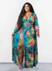 Plus size Dresses Gaun Ukuran Elegan Bunga Kerah V Wanita dengan Sash Lurus Maxi Lengan Panjang Grosir Jumlah Besar Drop 230907