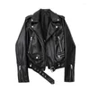 Couro feminino 2023 primavera e outono jaqueta de plutônio falso com cinto lapela masculina motocicleta preto zip biker camurça