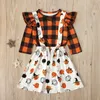 Kleidungssets Halloween Baby Mädchen Kürbis Kleinkind Langarm Plaid Tops T Shirt Drucke Hosenträger Röcke Outfits