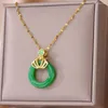 Pendant Necklaces Natural Emerald Stone For Women Stainless Steel Clavicle Chain Round Necklace Lucky Symbol Aesthetic Jewelry