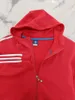 Hoodies masculinos vermelho preto cinza cor zip up 95% algodão 5% elastano jaqueta de malha com capuz três tiras brancas linhas em mangas uniformes