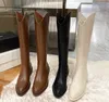 Botas altas de caballero para mujer, botas hasta la rodilla de vaquero occidental de estilo británico con tacón medio puntiagudo de cuero para otoño e invierno