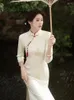 Ethnic Clothing Traditional Chenille Seven Points Sleeve Long Style Cheongsam Elegant Chinese Mandarin Collar Snowflake Velvet Qipao